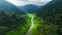 Aerial View Of Beautiful Natural Water Stream  And Green Field Of Grass In The Wild Forest Mountain Concept Traveling And Relaxing On Holiday Time.