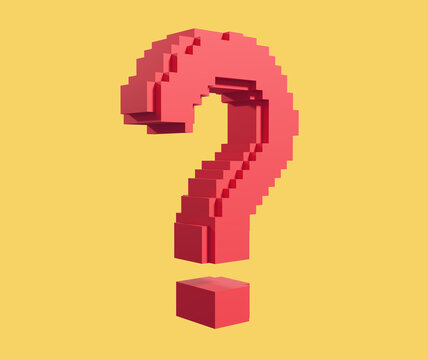 3D illustration of large question mark symbol in pixel blocks style