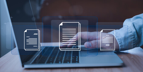  IT consultant or Programmer online laptop business processes virtual document management system (DMS) progress planning in office or work from home. Manage corporate files with technology concept.