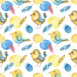 Stylish seamless pattern with watercolor blots, feathers and hand-drawn birds. minimalistic aquarium abstract background