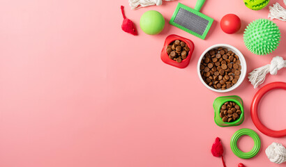 Pet care concept, various pet accessories and tools on pink background, flat lay