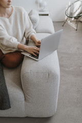 Wall Mural - Young woman working on laptop computer sitting on comfortable sofa. Aesthetic work at home freelancer concept. Elegant girl boss, lady boss business composition for blog, web, social media