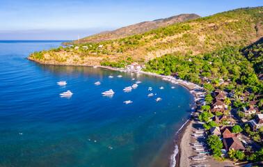 Wall Mural - An aerial panorama of Jemeluk viewpoint near Amed beach on Bali island in Indonesia