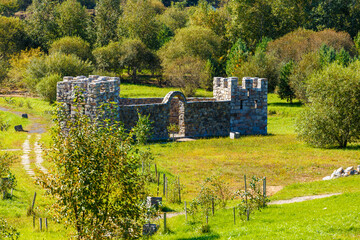 Poster - Stone medieval fortress in a green field.