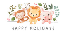 Happy Holidays Slogan With Wild Animal And Leafs Illustration