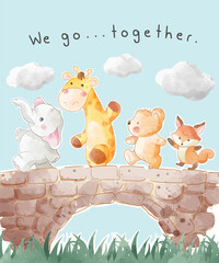 Wall Mural - happy cartoon animals walking on the bridge illustration