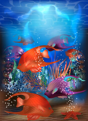 Underwater tropical card with red purple angelfish, vector illustration