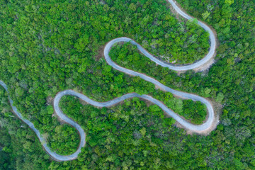 Wall Mural - Beautiful aerial view morning forest on mountain and road with green mountains.