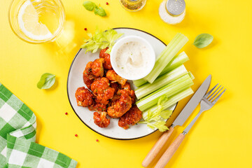 Wall Mural - Buffalo style barbecue cauliflower with fresh celery sticks and sauce . Yellow background. Top view.	
