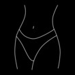 Woman thin body silhouette. Human bikini body, navel, waist, hips. Health body. Black and white. Black background. Line drawing.