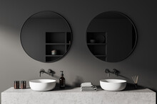 Grey Bathroom Interior With Sink And Mirror, Accessories On Deck