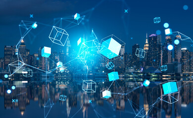 Poster - Information fields in cyberspace, New York skyline and big data in metaverse