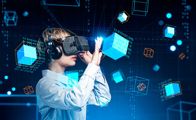 Poster - Businesswoman in vr glasses, data blocks in cyberspace, information fields