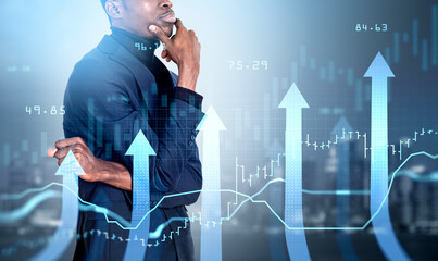 Poster - Black businessman with pensive look, arrows and candlesticks, growth