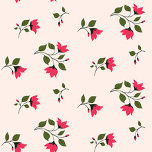 Seamless Pattern, Cute Ditsy Print With Flowering Branches. Romantic Botanical Background, Girly Floral Surface Design With Small Pink Flowers, Leaves On Tiny Twigs. Vector Illustration.
