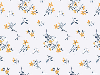 Wall Mural - Seamless pattern, gentle floral print in rustic style. Romantic botanical background with a simple design, small flowers, leaves, blue twigs on a light surface. Vector illustration.