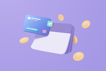 3d passbook with credit card and money coin in purple background. financial online purchase and transaction, funds transfers banking payment concept. 3d money saving vector render illustration