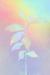 Wall Mural - Drawing a branch with leaves and watercolor splashes on a gentle gradient
background
