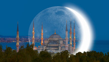 The Sultanahmet Mosque (Blue Mosque) With Crescent Moon - Istanbul, Turkey