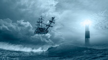 Flying Old Sailing Ship At The Stormy Sea With Lighthouse In The Background And Strong Sea Wave 