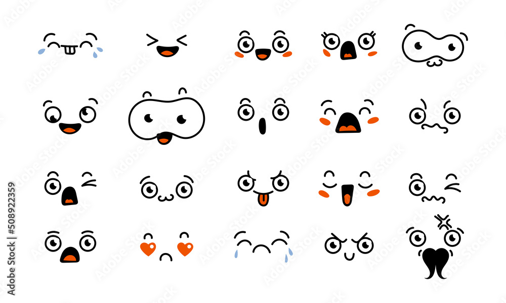 Various Cartoon Emoticons Set. Doodle faces, eyes and mouth. Caricature ...