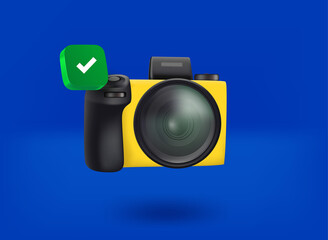 Poster - Modern digital camera with checkmark icon. 3d vector illustration