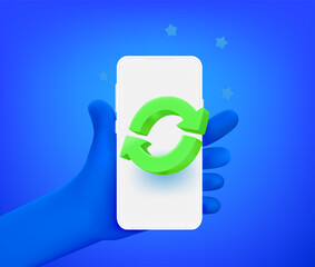 Poster - Comic hand with smartphone with upgrade icon. 3d vector illustration