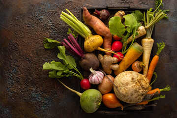 Poster - Fresh root vegetables in wooden box on textured background. Autumn harvest. Concept healthy food.