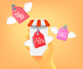 Aufkleber - Get discounts in internet shop via mobile app. 3d vector concept