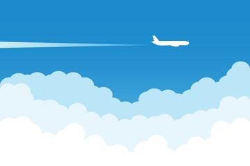 Airplane flying above clouds. Jet plane with exhaust white trail. Blue gradient and white plane silhouette. White and transparent clouds on the blue sky. jpg image