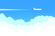 Airplane flying above clouds. Jet plane with exhaust white trail. Blue gradient and white plane silhouette. White and transparent clouds on the blue sky. 