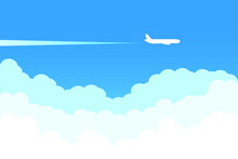 Airplane Flying Above Clouds. Jet Plane With Exhaust White Trail. Blue Gradient And White Plane Silhouette. White And Transparent Clouds On The Blue Sky.
