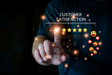 Customer Satisfaction Survey. Customer Satisfaction Rating, Smiley Emoji, Happy Customer, Good Service, Positive Rating, Happy Service, Five Star Service. Virtual Touch Screen, Futuristic Technology.