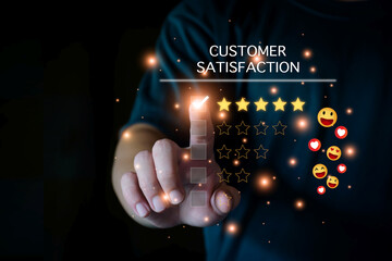 Customer satisfaction survey. Customer Satisfaction Rating, Smiley Emoji, Happy Customer, Good Service, Positive Rating, Happy Service, Five Star Service. Virtual touch screen, futuristic technology.