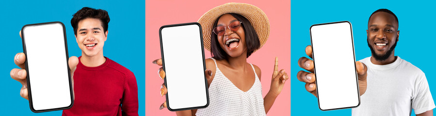 Poster - Collection of multiracial millennial people posing with mobile phones, mockup