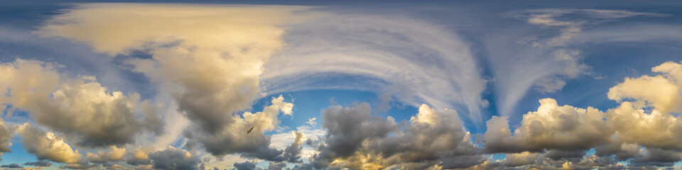 Wall Mural - dramatic sunset sky panorama with cumulus clouds. seamless hdr 360 pano in spherical equirectangular