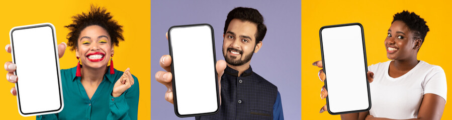 Poster - black ladies and indian guy showing phones with empty displays