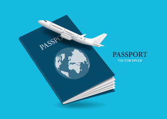 The air plane is flying in front of a passport with a blue cover,vector 3d isolated on blue background for travel and international tourism advertising design