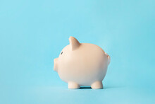 Concept Of Preserving And Saving Money. Pink Piggy Bank On A Blue Background. Side View