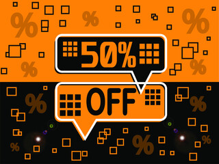 50% special offer. Banner com super desconto 50% in black and orange.