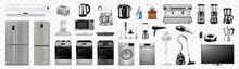 A Set Of Household Appliances: Microwave Oven, Washing Machine, Refrigerator, Vacuum Cleaner, Multicooker, Food Processor, Blender, Iron, Juicer Blender, Toaster. Realistic 3D Vector, Isolated