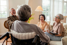 Old Senior Asian Friends Retired People Hapiness Positive Laugh Smile Conversation Together At Living Room At Nursing Home Seniors Participating In Group Activities In Adult Daycare Center