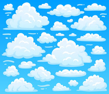 Cartoon Fluffy Cloud At Azure Skyscape. Heavenly Clouds On Blue Sky, Atmospheric Cloudscape Vector Illustration