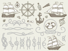 Decorative Marine Elements. Sea Rope Frames, Sailing Boat Or Nautic Ship Steering Wheel And Nautical Ropes Corners Vector Set