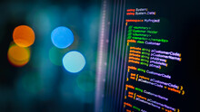 C Sharp Programming Language Source Code Example On Monitor And Bokeh Background., C# Source Code.