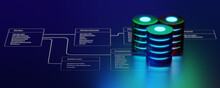 Panoramic View Of Multiple Database Is Placed On Relational Database Tables. Concept Of Database Server, SQL, Data Storage, Database Diagram Design, Data Center, Webhosting. 3D Illustration.