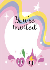 Wall Mural - Invitation Card Template - You are invited, with funny comic cute characters and doodles: cherry and heart in love, cartoon style. Trendy modern vector illustration, hand drawn