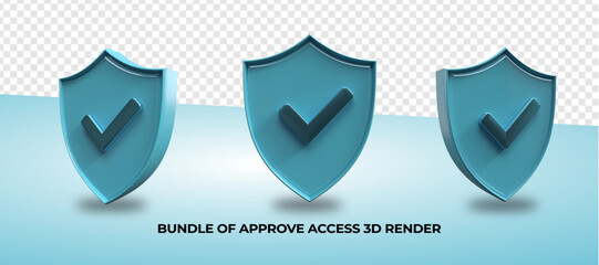 Bundle of 3D render approve shield fingerprint,user access, scanner face, server access