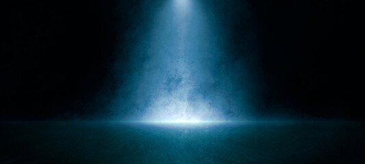 empty dark scene blue abstract product stage spotlights and studio room with smoke float up the inte