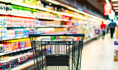 A shopping cart by a store shelf in a supermarket